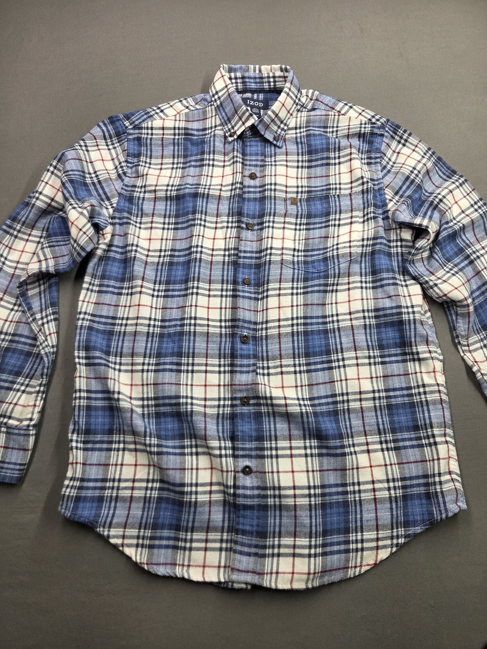 IZOD Blue White Red Plaid Flannel Shirt Men's Size Medium M Long Sleeve